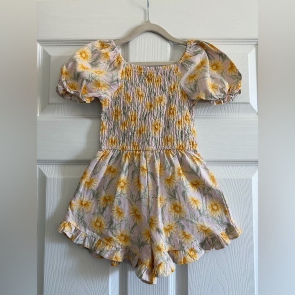 Vince Camuto Sunflower Puff Sleeve Girls Romper. Linen blend